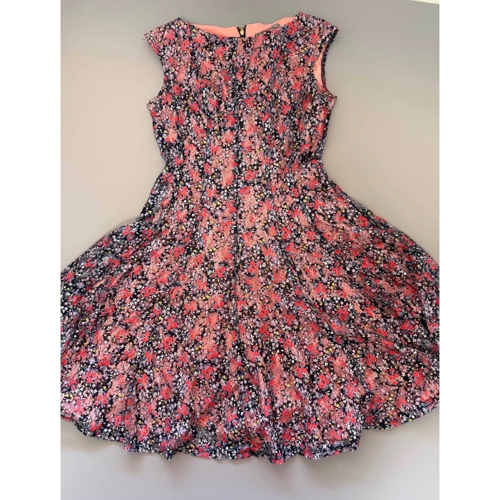 Danny and Nicole Pink Red Floral Lace Fit and Flare Dress Sleeveless Size 8